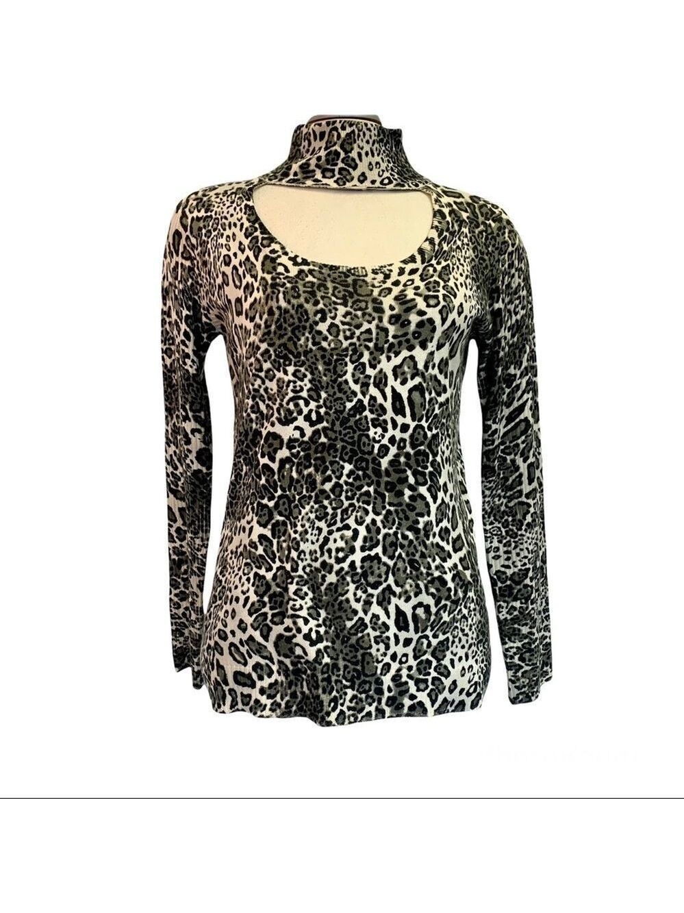VENUS Green cream keyhole high neck long sleeve leopard cheetah print top size M